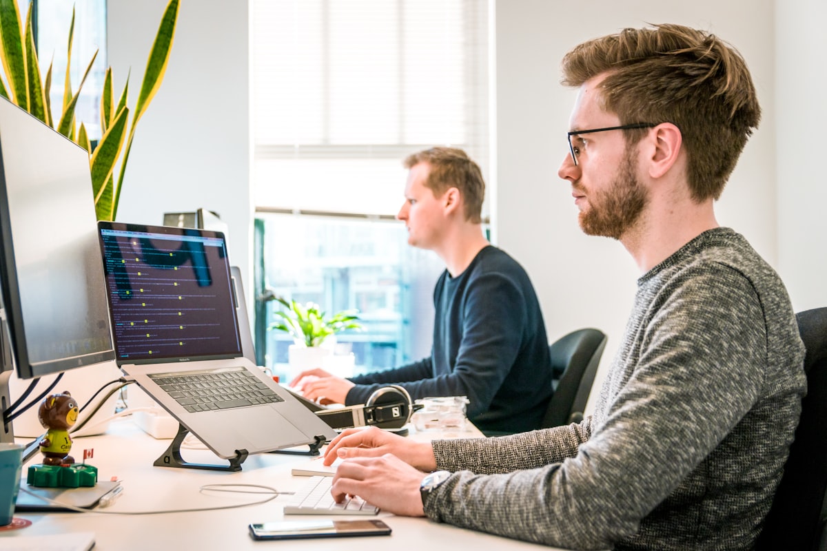 Engineers collaborating on a software release